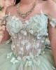 Off Shoulder Sage Green Quince Dresses Lace Appliques Sweetheart Neck 15 Dress With Bow