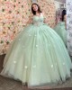 Off Shoulder Sage Green Quince Dresses Lace Appliques Sweetheart Neck 15 Dress With Bow