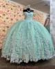 Off Shoulder Sage Green Quince Dresses Lace Appliques Sweetheart Neck 15 Dress