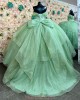 Off Shoulder Sage Green Quinceanera Dresses Sweetheart Neck Sequin 15 Dress With Bow