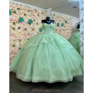 Off Shoulder Sage Green Quinceanera Dresses Sweetheart Neck Sequin 15 Dress With Bow