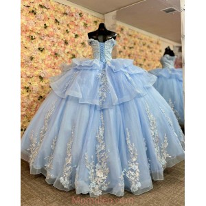 Off Shoulder Sky Blue Quince Dresses Lace Appliques Sweetheart Neck 15 Dress