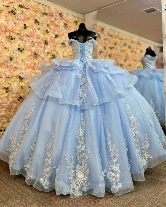 Off Shoulder Sky Blue Quince Dresses Lace Appliques Sweetheart Neck 15 Dress