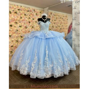 Off Shoulder Sky Blue Quince Dresses Lace Appliques Sweetheart Neck 15 Dress