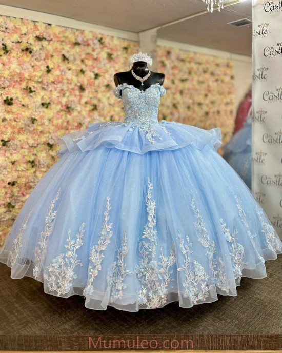 Off Shoulder Sky Blue Quince Dresses Lace Appliques Sweetheart Neck 15 Dress