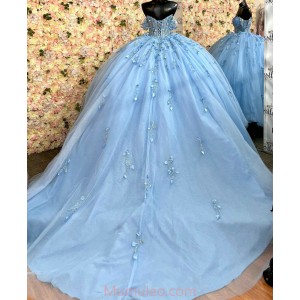 Off Shoulder Sky Blue Quinceanera Dresses Lace Appliques Sweetheart Neck 15 Dress