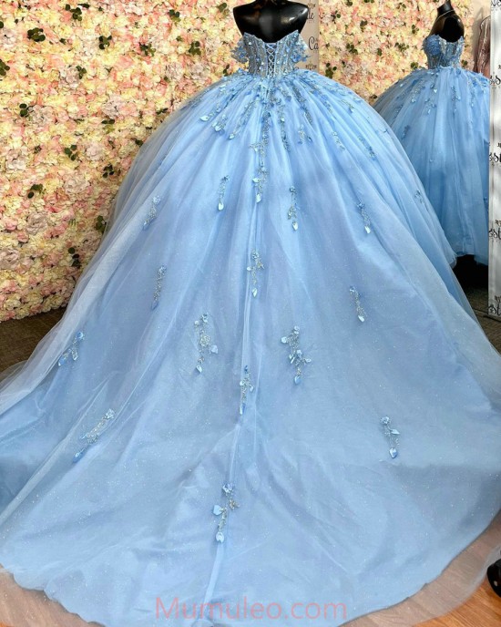 Off Shoulder Sky Blue Quinceanera Dresses Lace Appliques Sweetheart Neck 15 Dress