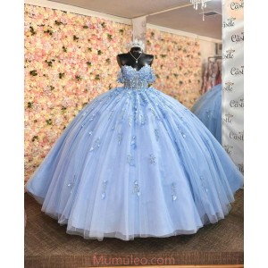 Off Shoulder Sky Blue Quinceanera Dresses Lace Appliques Sweetheart Neck 15 Dress