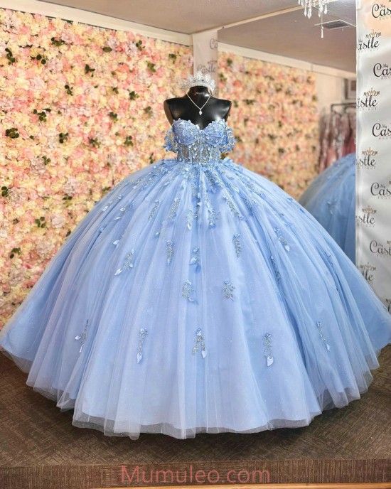 Off Shoulder Sky Blue Quinceanera Dresses Lace Appliques Sweetheart Neck 15 Dress