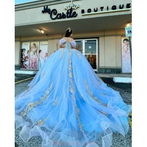 Off Shoulder Sky Blue Quinceanera Dresses V Neck Metallic Sequin 15 Dress