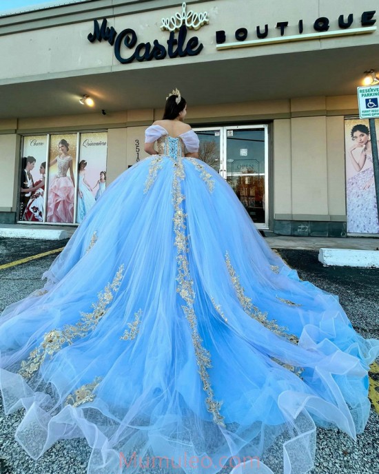 Off Shoulder Sky Blue Quinceanera Dresses V Neck Metallic Sequin 15 Dress