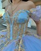 Off Shoulder Sky Blue Quinceanera Dresses V Neck Metallic Sequin 15 Dress