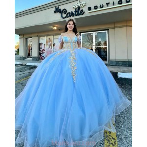 Off Shoulder Sky Blue Quinceanera Dresses V Neck Metallic Sequin 15 Dress