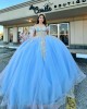 Off Shoulder Sky Blue Quinceanera Dresses V Neck Metallic Sequin 15 Dress