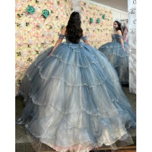 Off Shoulder Tiered Grey On Blue Quinceanera Dresses Sweetheart Neck Sequin 15 Dress