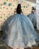 Off Shoulder Tiered Grey On Blue Quinceanera Dresses Sweetheart Neck Sequin 15 Dress