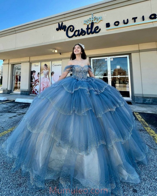 Off Shoulder Tiered Grey On Blue Quinceanera Dresses Sweetheart Neck Sequin 15 Dress