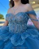 Off Shoulder Tiered Grey On Blue Quinceanera Dresses Sweetheart Neck Sequin 15 Dress