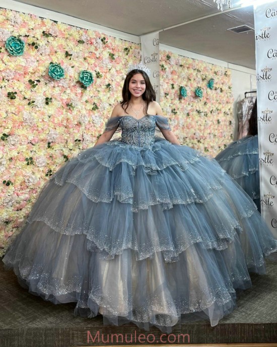 Off Shoulder Tiered Grey On Blue Quinceanera Dresses Sweetheart Neck Sequin 15 Dress