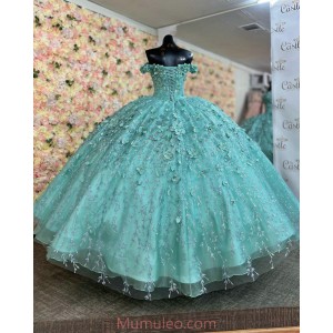 Off Shoulder Tiffany Blue Quince Dresses 3D Flowers Beaded Sweetheart Neck 15 Dress