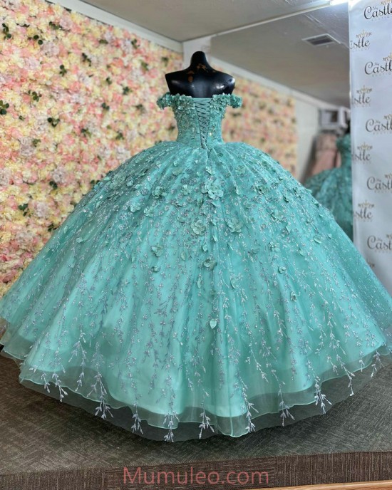 Off Shoulder Tiffany Blue Quince Dresses 3D Flowers Beaded Sweetheart Neck 15 Dress