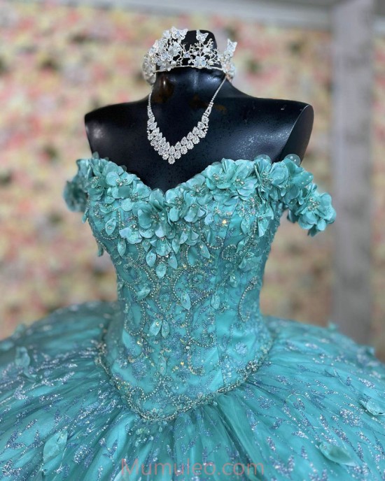 Off Shoulder Tiffany Blue Quince Dresses 3D Flowers Beaded Sweetheart Neck 15 Dress