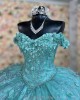 Off Shoulder Tiffany Blue Quince Dresses 3D Flowers Beaded Sweetheart Neck 15 Dress