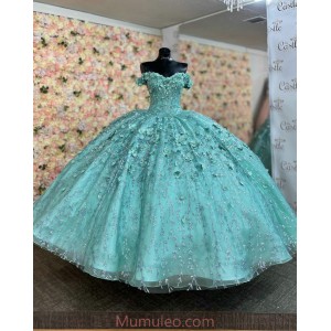 Off Shoulder Tiffany Blue Quince Dresses 3D Flowers Beaded Sweetheart Neck 15 Dress