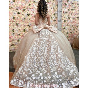 Sleeveless Champagne Quince Dresses 3D Flowers Sweetheart Neck 15 Dress With Bow