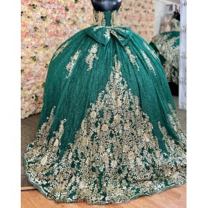 Sleeveless Emerald Green Quinceanera Dresses Lace Appliques Sweetheart Neck 15 Dress With Bow