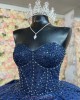 Sleeveless Navy Blue Quince Dresses Metallic Sequin Sweetheart Neck 15 Dress