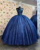 Sleeveless Navy Blue Quince Dresses Metallic Sequin Sweetheart Neck 15 Dress