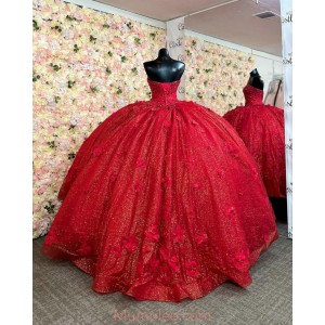 Sleeveless Red Quince Dresses Sweetheart Neck 15 Dress With 3D Floral Appliques