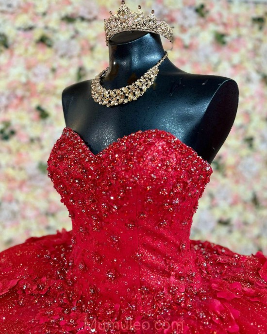 Sleeveless Red Quince Dresses Sweetheart Neck 15 Dress With 3D Floral Appliques