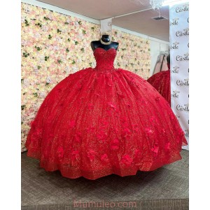 Sleeveless Red Quince Dresses Sweetheart Neck 15 Dress With 3D Floral Appliques