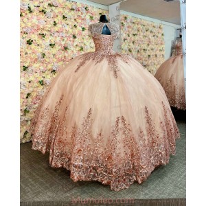 Sleeveless Rose Gold Quince Dresses Metallic Sequin Crystal 15 Dress