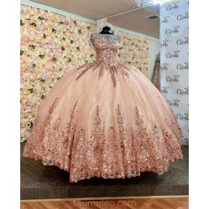 Sleeveless Rose Gold Quince Dresses Metallic Sequin Crystal 15 Dress