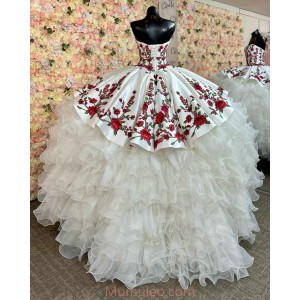 Sleeveless Ruffled White Quince Dresses V Neck 15 Dress With 3D Floral Appliques