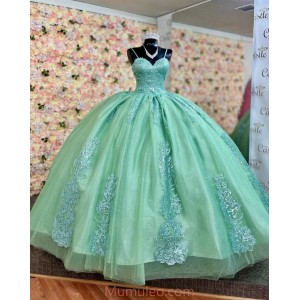 Spaghetti Strap Aqua Quince Dresses Lace Appliques Sweetheart Neck 15 Dress