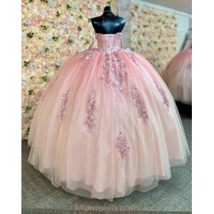 Spaghetti Strap Pink Quinceanera Dresses Lace Appliques Sweetheart Neck 15 Dress