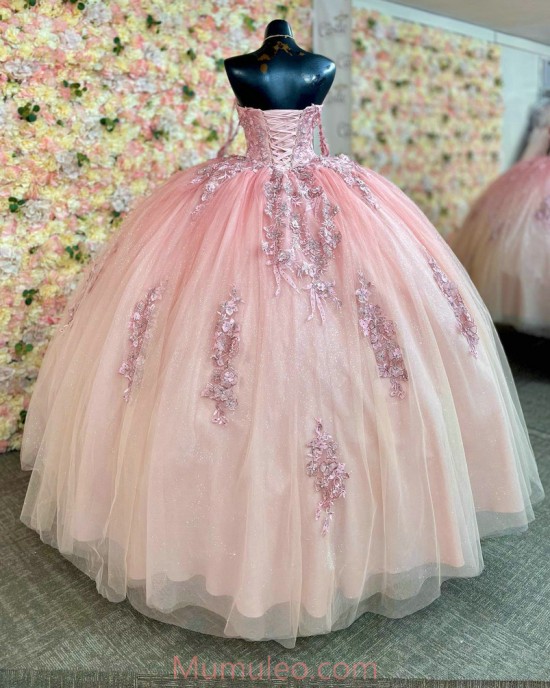 Spaghetti Strap Pink Quinceanera Dresses Lace Appliques Sweetheart Neck 15 Dress