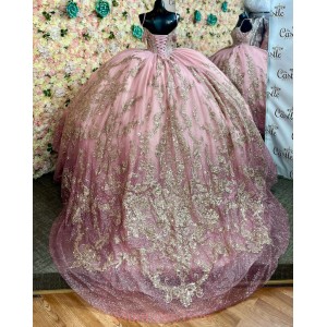 Spaghetti Strap Pink Quinceanera Dresses Scoop Neck Metallic Sequin 15 Dress