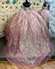 Spaghetti Strap Pink Quinceanera Dresses Scoop Neck Metallic Sequin 15 Dress