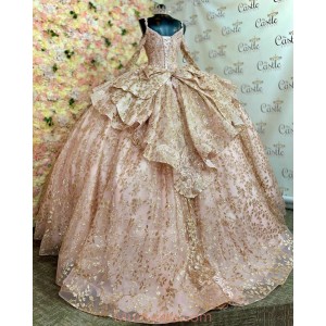 Spaghetti Strap Rose Gold Quince Dresses Long Sleeve Ball Gown Metallic Sequin Sweetheart Neck 15 Dress With Bow