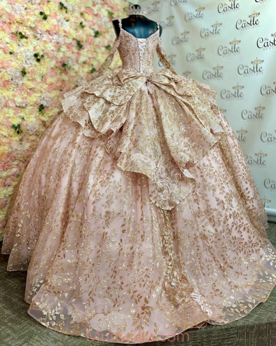 Spaghetti Strap Rose Gold Quince Dresses Long Sleeve Ball Gown Metallic Sequin Sweetheart Neck 15 Dress With Bow