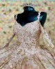 Spaghetti Strap Rose Gold Quince Dresses Long Sleeve Ball Gown Metallic Sequin Sweetheart Neck 15 Dress With Bow