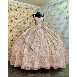 Spaghetti Strap Rose Gold Quince Dresses Long Sleeve Ball Gown Metallic Sequin Sweetheart Neck 15 Dress With Bow