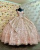 Spaghetti Strap Rose Gold Quince Dresses Long Sleeve Ball Gown Metallic Sequin Sweetheart Neck 15 Dress With Bow