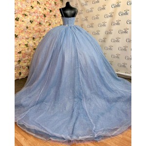 Spaghetti Strap Sky Blue Quince Dresses Pearl Sequin Sweetheart Neck 15 Dress