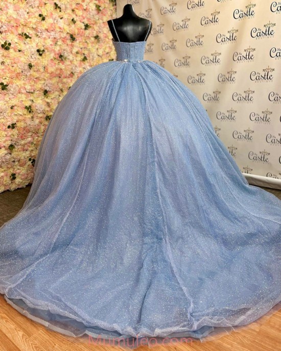 Spaghetti Strap Sky Blue Quince Dresses Pearl Sequin Sweetheart Neck 15 Dress